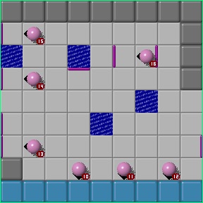 A layout of Chip's Challenge showing many deadly bouncing balls.