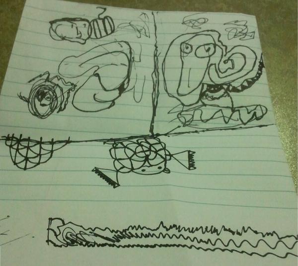 Trisection of some creature piloting a spaceship of a sort, a turtle hanging off of a ledge and wearing clumpy boots, and three very different characters hanging about.
