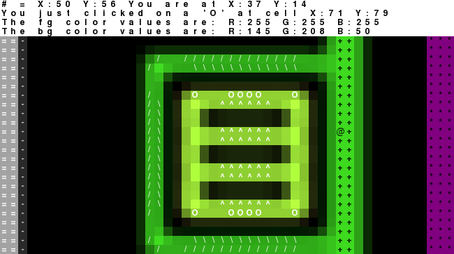 The player, represeted by a @, stands on a green pathway next to a garden populated with ^'s and O's.