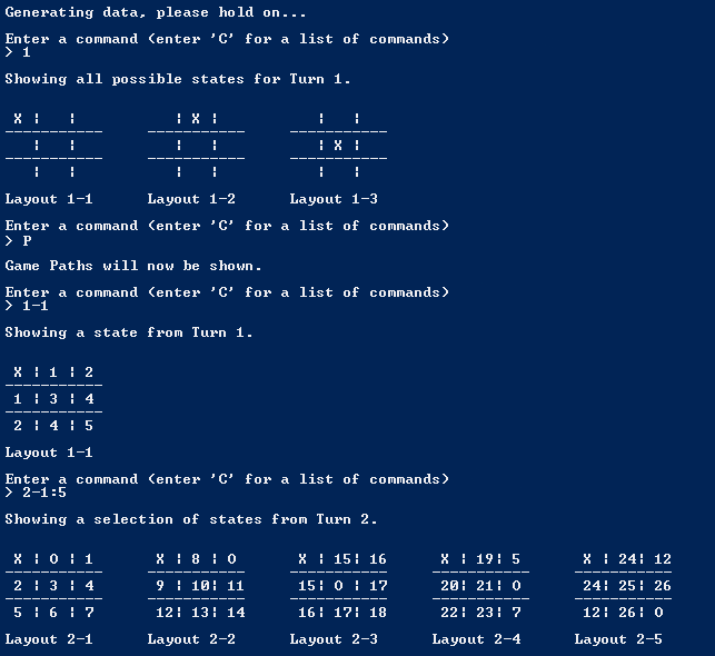 Demonstration of some of the key functions of my tic tac toe analyzer program.