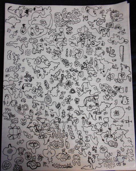 Multiply-traced witch like figures, constantly re-arranged and reformed everytime, make up the 'bases' of the image. Covering almost every nook and cranny are figures ranging from a toothcomb crocodile, dog orb, a prancing water alien, a contented pony, and much more.